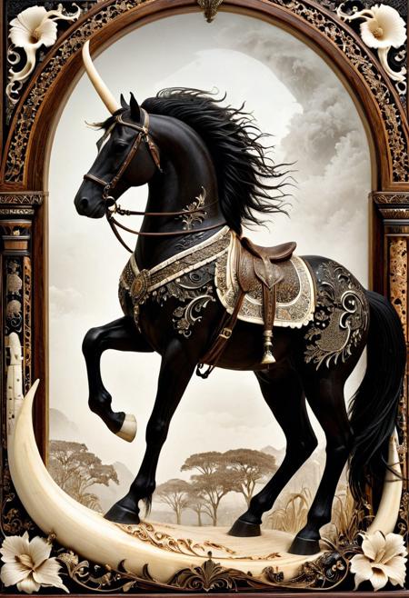 A royal horse adorned with ebony and ivory inlays, scrimshaw style, intricate engraved patterns on tusks and body, majestic posture, black and white ornamental contrast, hyper-detailed textures, carved bone and wood aesthetic, surreal and regal presence, tribal elegance, photorealistic lighting, standing in a misty savanna, fantasy realism, sdxl style