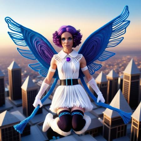 Yarnworld, a female character with a futuristic, fantasy-inspired design. The character has fair skin and short, purple hair adorned with a white flower. She has large, expressive blue eyes and a delicate, feminine face. She is dressed in a vibrant, white and purple outfit made of Yarn that includes a short, frilly dress with a white collar. The dress has a high slit, revealing her black thigh-high stockings and a glimpse of her upper thighs. Her attire is complemented by long, white gloves and matching boots made of Yarn with blue accents. She wears a white belt with a purple gem at the center, adding to the futuristic aesthetic. The character is equipped with large, wings made of Yarn that have a glowing blue hue, giving her a celestial appearance. Her arms are outstretched, and she appears to be in mid-flight or leaping, suggesting motion and energy. The background is a futuristic city landscape.