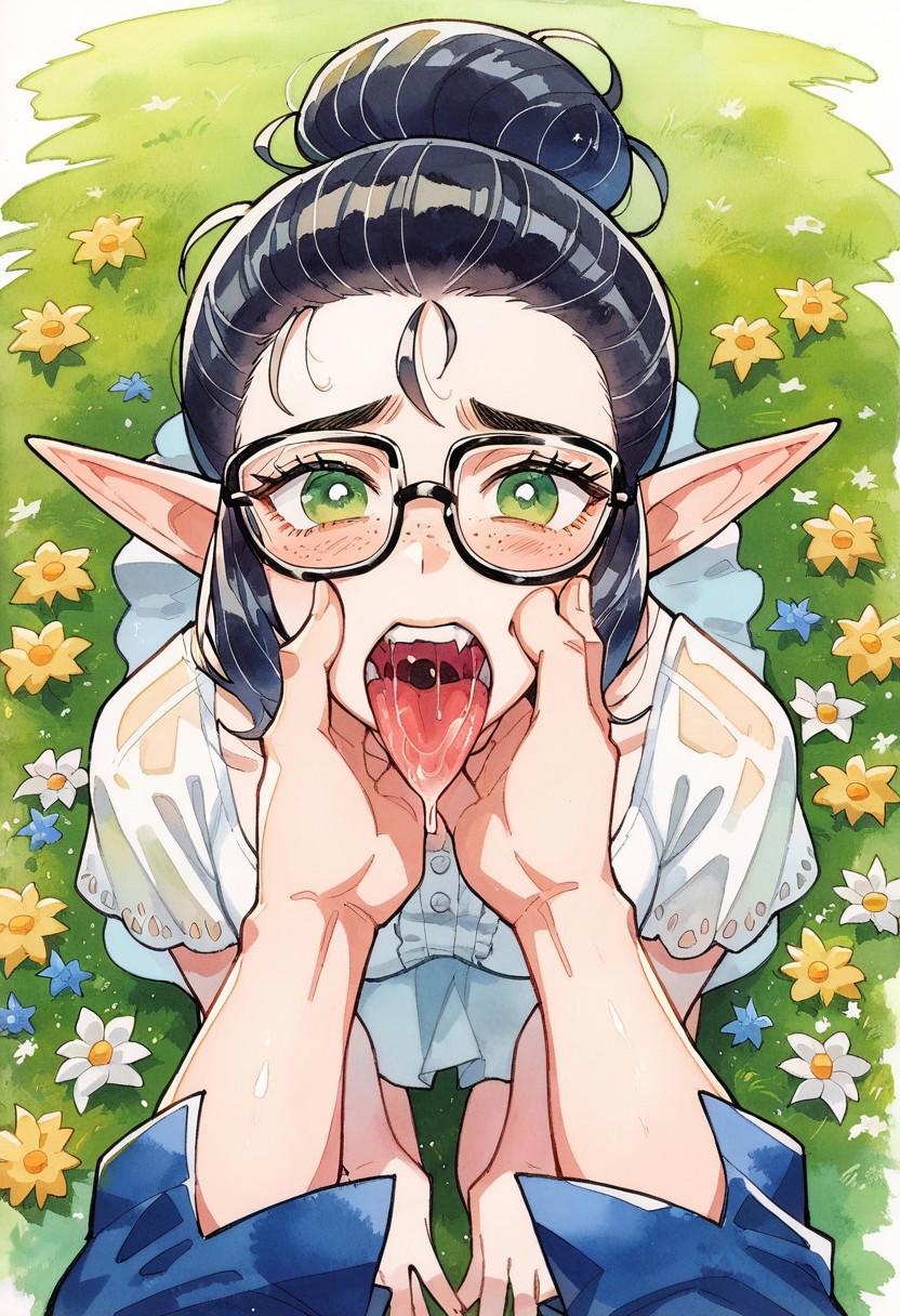 score_9, score_8_up, score_7_up, score_6_up, score_5_up,  <lora:ohr_cnXLP:1> ohr_cn, traditional media, watercolor (medium), petite elf girl, black hair, green eyes, pointed ears, messy bun, single bun, glasses, freckles, embarrassed, blushing, white sundress, bare feet, field, flowers, on knees, looking up at viewer, from above, mouth wide open, teeth,  tongue out, drool, saliva strings, saliva, lots of saliva, mouth focus, 
male pov, (mans thumb in mouth:1.8), mans hand on face, mouth play