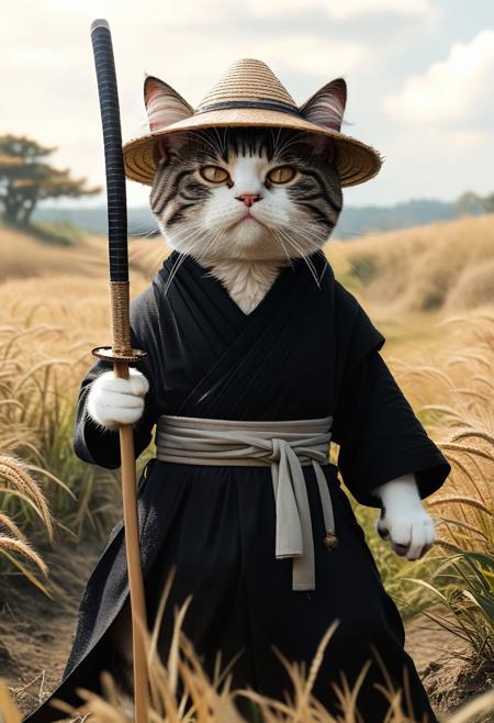 A humanoid cat, ronnin.  wearing long black japanese robes and a straw hat. He has a katana in a sheath on his hip. 
 He is in a field. 
Full body 
Cinematic lighting, volumetric lighting, 8k quality