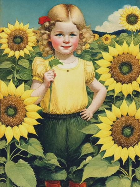 <lyco:JessieWillcoxSmith:1.0> illustration by Jessie Wilcox Smith, sandy blonde toddler girl standing in sunflowers