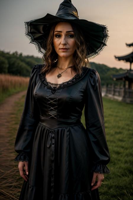 <lora:Suranne_Jones:1> masterpiece, best quality, detailed face, a mature s1873j, 1girl, solo, witch costume ,  pagoda , dusk