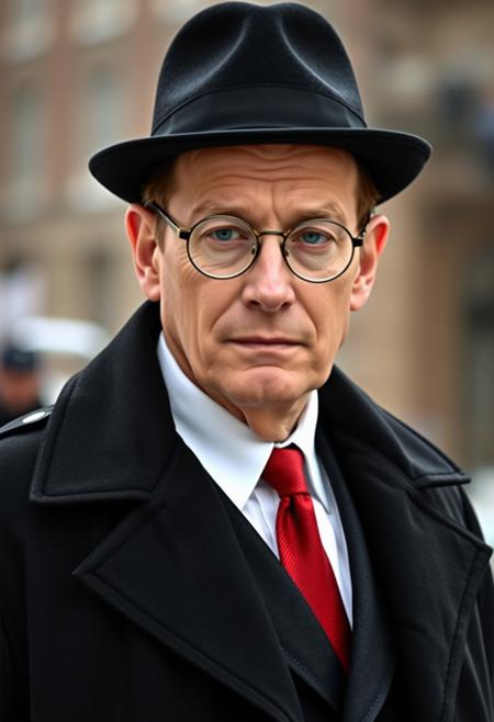 1 caucasian male, 53 year old, fair skin, slim build, has brown hair, ice blue eyes, wears eyeglasses with round glasses, wears a  closed black buissines suit under a  very long black leather coat, shiny coat, white butten down shirt with a red tie, wears a black fedora on his head