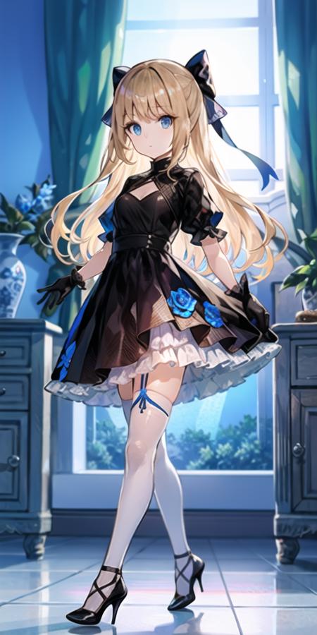 1girl, black bow, black dress, black gloves, blonde hair, blue eyes, blue flower, blue rose, bow, breasts, bubble, closed mouth, dress, fish, flower, gloves, hair bow, high heels, indoors, long hair, looking at viewer,rose, small breasts, solo, standing, thighhighs, walking, white thighhighs, short sleeves, bangs, black footwear, holding, frills, floating hair, puffy sleeves, puffy short sleeves, underwater, blue theme, butterfly, air bubble, frilled dress,<lora:fuzi_loha_v1j:1>