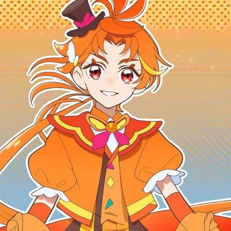 Yuunagi Tsubasa, hair over one eye, short hair, pink zipper, short sleeves, orange jacket, black shorts Cure Sky, ponytail, mini top hat, black headwear, hair ornament, short sleeves, puffy sleeves, orange shorts, krange gloves, brooch, magical boy 1boy, male focus, orange hair, red eyes