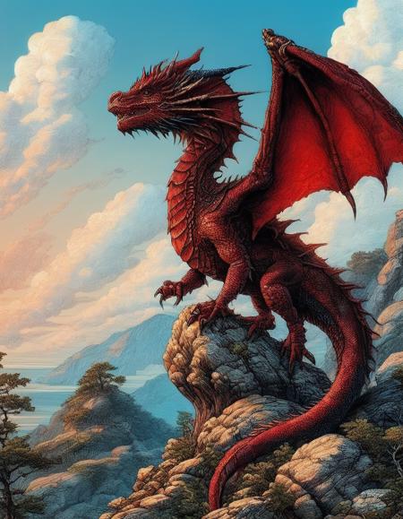 red dragon perched on a rocky cliffside with a tree blue sky with clouds 