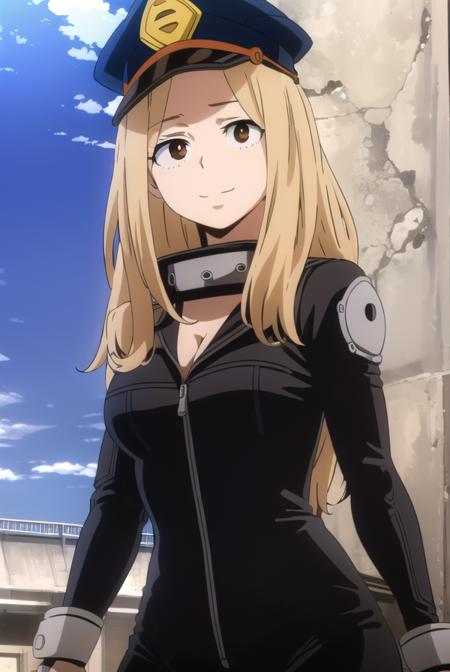 camie utsushimi, long hair, blonde hair, (brown eyes:1.5), hat, cleavage, bodysuit, peaked cap, black bodysuit, open bodysuit,