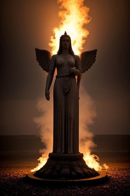 Slow Shutter Speed shot of a [Burning|Icy] ("The Angel Statue - Azurune of Mana":1.1) , Spring, Lord of the Rings, Post-Apocalyptic Art