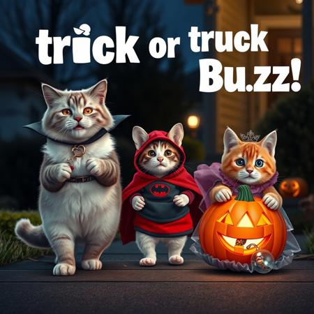 Ultra realistic. white grey brown happy cat with a vampire costume, a small hamster with hero costume,  a orange cat on a princess costume carring a carved pumpkin with candies,  walking on a suburban street, trick or treating houses, midnight light, on a porch house, yelling "trick or Buzz" text in white letters