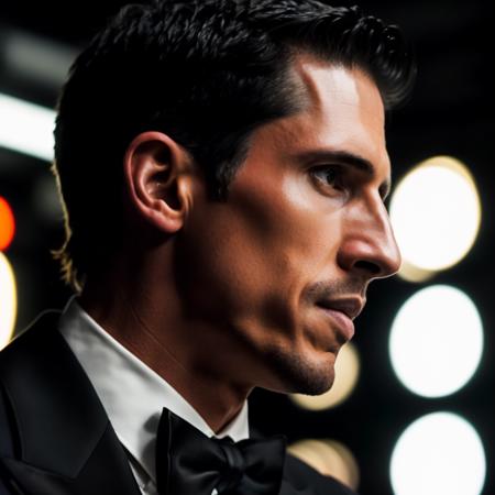 face portrait of jeffcavaliere person using a tuxedo, in blade runner, professional photography, high resolution, 4k, detailed photo,  <lora:jeffcavaliere_25200:1>