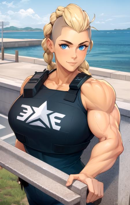 masterpiece, best quality, 1girl, solo, mature female, detailed face, braid, policewoman, looking at viewer, smile, muscular female, ((cartoon)), ((realistic))