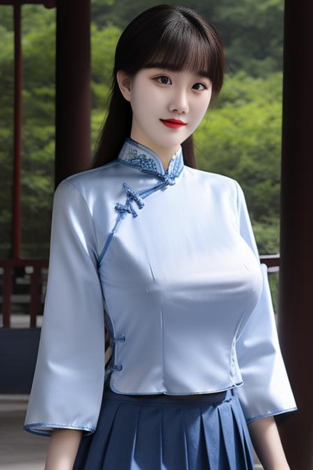 best quality, masterpiece,real,realistic, photo,photorealistic,looking at viewer,upper body,
1girl, xiaofu,school uniform, chinese clothes, cheongsam,shirt,pleated skirt,sleeves past elbows ,
outdoors, nature,
long hair,straight hair, blunt bangs, huge breasts, covered nipples,
<lora:xiaofu_v3_02:0.8> <lora:DA_Beauty:0.6>