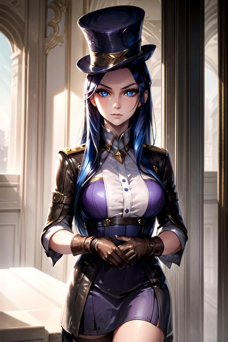 portrait photo of caitlynlol, 1girl, solo, blue hair, blue eyes, purple top hat, purple dress, brown knee boots, brown gloves, detailed face, city background, <lora:caitlynlolv2:0.7>,  <lora:more_details:0.5>