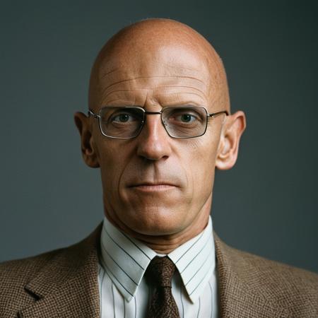 professional studio portrait photo of michelfoucault man ,  GQ photoshoot,   tight focus, model shoot, simple  background, classical english gentleman clothing,  rim lighting, perfect cinematic lighting,  head and upper torso, eye contact
(indistinguishable from reality:1.4) detailed facial features, detailed skin texture, natural skin texture,  detailed cloth texture,  perfect eyes, detailed iris,
analog, raw, f2, 35mm, . 8k, highly detailed,  (high quality, best quality:1.3), Extremely high-resolution, film grain, dslr, Kodak Portra 400 camera f1.6 lens, 35mm, Fujifilm Superia Premium 400, Nikon D850,
<lora:add-detail-xl:0.25>   <lora:michelfoucaultXL_10-17-23_v1.6:0.95>