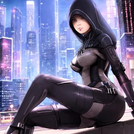 KasumiGoto, 1girl, masterpiece, best quality, city background, cyberpunk, bodysuit