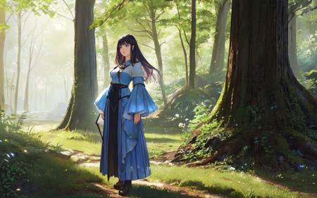(clothed, masterpiece,wide angle, cinematic establishing shot,young adult european woman, highly detailed background:1.2), volumetric lighting, subsurface scattering, dynamic pose, (special effects, color grading, fantasy aura), (Grove Keeper:1.4), (Medium Covered Breasts:0.81), Hidden grove, mystical flora, guardian staff, nature spirits (Layered Depth,Parallax Effect,Soft focus foreground,Painted Scenery,style of Tim Walker:1.3)