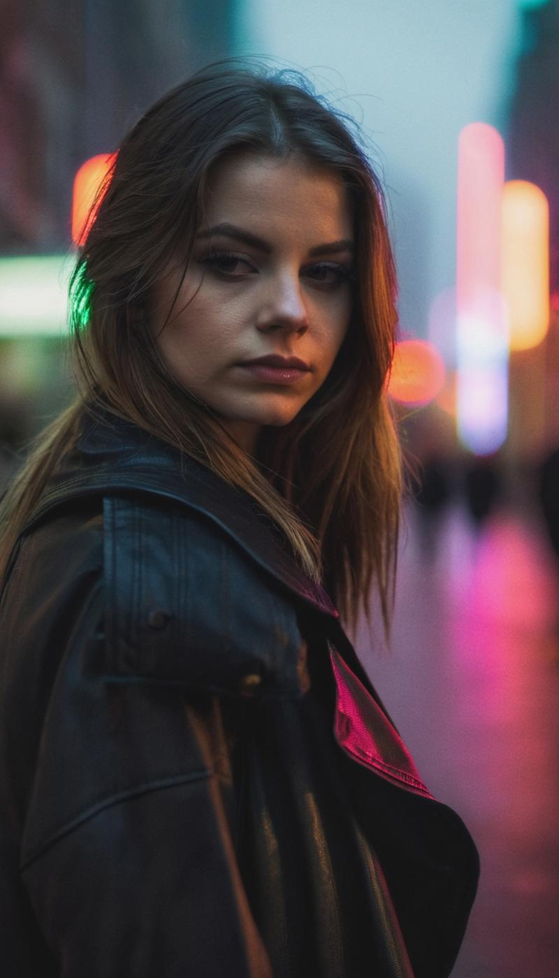 A woman in a leather jacket looking off into the distance.