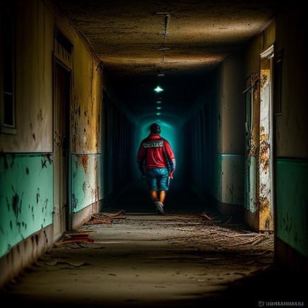 RAW photo, minion at the end of hallway, looking at viewer, 8k uhd, dslr, soft lighting, high quality, film grain, Fujifilm XT3, Masterpiece, photorealistic, rotten abandoned hospital, looking down hall way,