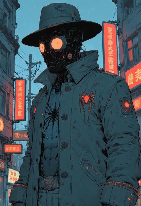 ((Artsy Illustration Style:1.3)), A hyper-realistic close-up portrait of neo-noir Spider-Man, donning an oversized long coat that flares slightly at the bottom. The coat features intricate web-like embroidery along the cuffs and hems, with a bold crimson spider emblem subtly visible on the collar. He wears a classic wide-brimmed 1950s hat, tilted forward to cast a shadow over his mask. The mask’s lenses have a mirrored finish, reflecting the neon signs of a rain-soaked, noir-inspired cityscape. Raindrops cling to the coat and hat, the dim lighting accentuating the contrast between the vintage-inspired attire and the sleek, modern spider suit beneath. His poised and enigmatic stance adds an air of mystery to the scene.