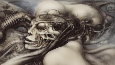 airbrush painting, sensual and sexual painting of a skull in HRGigerArhP style, abstract, mechanical chaos, muted colors, <lora:HRGigerArhP_v1:1>