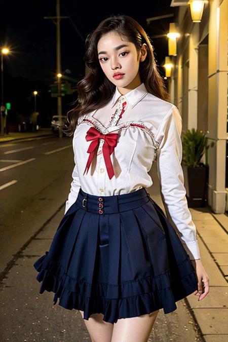 Best quality, masterpiece, ultra high res, (photorealistic:1.4), raw photo, (perfect body shape), dynamic pose, doyeon, waist up, solo, school uniform, in the dark, night, on the street, deep shadow, low key, <lora:doyeonWekiMeki_v1:0.75>