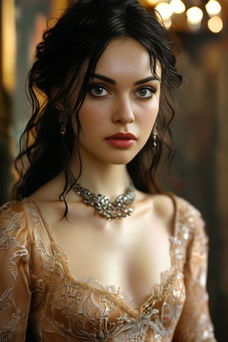 Face and Skin: Morgana has a fair complexion. Her face is characterized by a slightly angular jawline and high cheekbones.
Hair: She sports long, dark brown hair styled in loose waves. Her hair often falls around her shoulders, giving her a dramatic and somewhat mysterious look.
Body: Slender, sleek and elegant.
Eyes: Morgana's eyes are a deep, expressive brown, and they often have a slightly intense or thoughtful expression.
Eyebrows: Her eyebrows are well-defined and slightly arched, which accentuates her eye shape and adds to her overall dramatic appearance.
Clothing: Morgana's attire often consists of stylish and somewhat Gothic or Victorian-inspired clothing. She is typically seen wearing a dark-colored dress, which could include elements like lace or intricate patterns. She favors a look that combines elegance with a touch of edginess.
Accessories: She might wear subtle but stylish accessories that complement her outfit, such as a necklace or earrings.
Overall Style: Morgana has a refined, sophisticated style that leans towards the dramatic. Her look reflects a blend of elegance and mystery, fitting her character's background and personality. 8K <lora:MJ52:1>