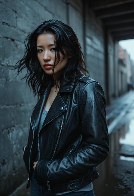 Film noir portrait, solitary woman, long dark hair cascading over shoulders, black leather jacket with subtle sheen, urban decay backdrop, cool blue palette with hints of silver, low-key lighting emphasizing shadows and contrast, melancholic atmosphere, contemplative gaze off-camera, realistic rendering, detailed textures.
Deep focus shot, f/8 aperture for sharp details throughout, 50mm prime lens, ISO 400 for slight film grain. Rembrandt lighting setup with key light at 45-degree angle, subtle rim light for hair separation. Soft fill light to retain shadow detail.
Shallow depth of field in foreground, leading lines from crumbling architecture drawing eye to subject. Desaturated color grading, crushed blacks for noir feel. Light fog or mist in background for atmosphere. Slight motion blur in hair suggesting gentle breeze.
High contrast image with rich blacks and bright highlights on facial features and jacket. Subtle lens flare from street lamp. Textural details in weathered walls, jacket creases, and individual strands of hair. Faint reflections in puddles on wet pavement.
Composition follows rule of thirds, subject slightly off-center.  Shot from slightly below eye level for subtle heroic angle. Hyper-realistic style with meticulous attention to skin texture, pores, and catch lights in eyes.
Kodak Motion Picture Film Style