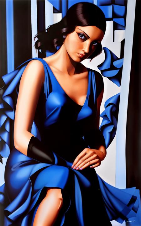 <lora:TDLP:0.8> Painting of a woman wearing a blue-black dress with a low front with her hand raised in a classic hand-pose