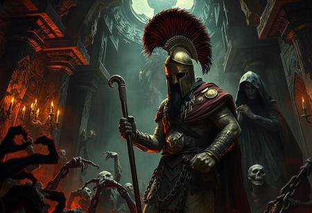"Create a high-definition, highly detailed, lifelike digital illustration inspired by the golden ratio, featuring a Heroic Challenger - a Spartan in a dark, necromancer-themed sanctuary. Incorporate elements such as samurai chains, undead, a hooded sorceress holding a cane, noxious atmosphere, and a highly detailed environment with dark lighting. Take inspiration from Joe Jusko, Artgerm, Greg Rutkowski, and Alphonse Mucha. Consider 3D printing for added texture. Present in 8K resolution, suitable for ArtStation, DeviantArt, and official art features, capturing the maximalist style."