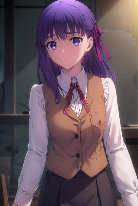 sakuramatou, <lora:sakura matou ubw-lora-nochekaiser:1>,
sakura matou, long hair, (purple eyes:1.1), purple hair, ribbon, hair ribbon, red ribbon,
BREAK shirt, white shirt, collared shirt, long sleeves, neckertie, red neckertie, vest, light brown vest, skirt, black skirt,
BREAK indoors,
BREAK looking at viewer, (cowboy shot:1.5),
BREAK <lyco:GoodHands-beta2:1>, (masterpiece:1.2), best quality, high resolution, unity 8k wallpaper, (illustration:0.8), (beautiful detailed eyes:1.6), extremely detailed face, perfect lighting, extremely detailed CG, (perfect hands, perfect anatomy),