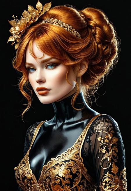 Silhouette Art, breathtaking ( absurdres divine aesthetic  FaeTastic extravaganza alcohol ink sketch). amazing, fine, detailed, masterpiece, lovely, charming, awe-inspiring, radiant, magnificent. (all dark hues and fine vibrant ginger glowing smoldering accent and shiny gold color scheme:1.02). glossy. ginger hair, <lora:InkArtXL_1.2:0.4> <lora:FaeTastic:0.35> . award-winning, professional, highly detailed . extremely high-resolution details, photographic, realism pushed to extreme, fine texture, incredibly lifelike, high contrast, well defined .