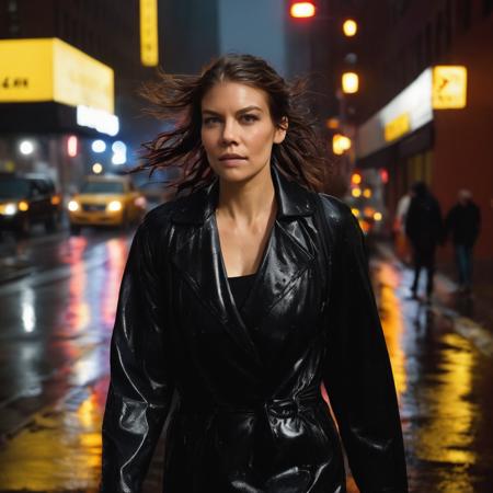 lauren_cohan, <lora:LaurenCohanXL:1>, portrait, tourist, (( very long hair, hair over eye, hair in face, wild hair, floating hair, ponytail, wet hair, wet skin, wet body, soaking wet)), long sleeves, raincoat, backpack, walking down the street at night, raining, foggy, dim neon light, noir style, new york city at night