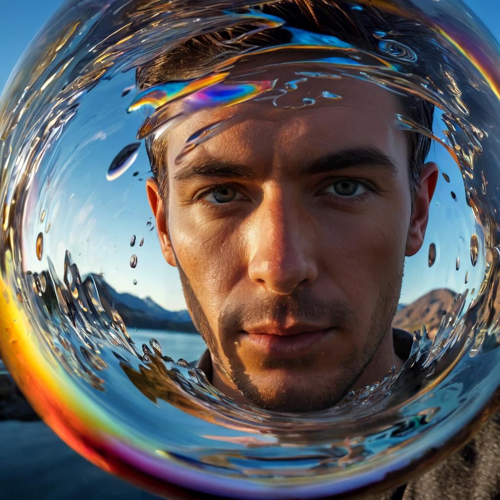 long shot scenic professional photograph of A hyperrealistic portrait of a man whose body is composed of constantly shifting liquid glass, his skin flowing and reforming into intricate, glowing patterns as it moves. His face is partially visible through the glass, but large sections are melting and reforming in real-time. His eyes are glowing orbs of liquid light, and his hair is made of flowing, molten glass that drips and reforms as it moves. Behind him, the background is a surreal, glowing landscape of flowing glass rivers and crystalline mountains, all reflecting and refracting the light in a dazzling array of colors., perfect viewpoint, highly detailed, wide-angle lens, hyper realistic, with dramatic sky, polarizing filter, natural lighting, vivid colors, everything in sharp focus, HDR, UHD, 64K