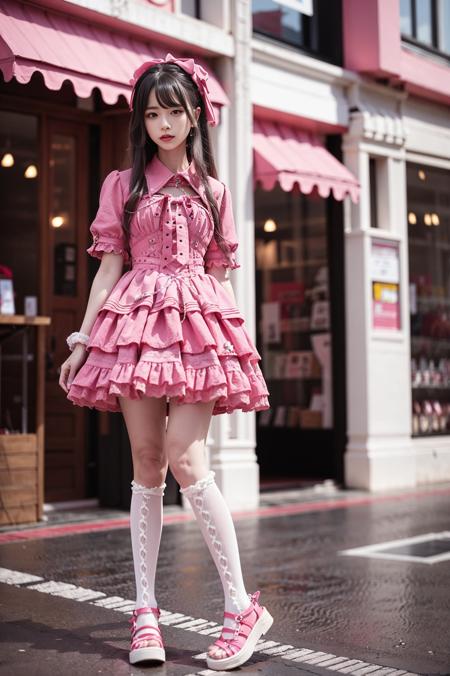 realistic, photorealistic, masterpiece, best quality, 1girl, solo, long black hair, bangs, cool_dress, white socks, pink footwear, standing in street, night, prefect lighting, <lora:cool_dress_style2_v1:0.75>, <lora:Cute Asian Face:0.5>