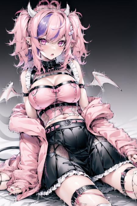 1girl, bangs, bare shoulders, belt, black skirt, breasts, chain, cleavage, collar, demon girl, demon wings, earrings, fishnet legwear, fishnets, heart, horns, jacket, jewelry, large breasts, long hair, long sleeves, looking at viewer, nail polish, navel, off shoulder, open mouth, pink eyes, pink hair, pink jacket, pink nails, pink shirt, skirt, sleeves past wrists, solo, thigh strap, thighhighs, twintails, wings