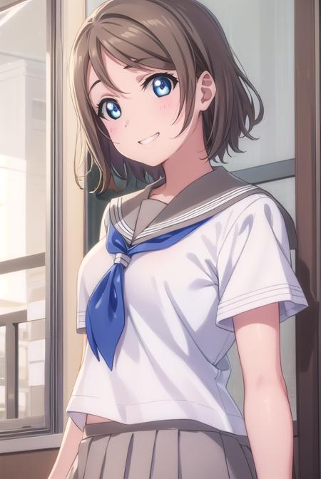 youwatanabe, <lora:you watanabe s2-lora-nochekaiser:1>,
you watanabe, short hair, blue eyes, brown hair, smile, grin,
BREAK skirt, school uniform, short sleeves, pleated skirt, serafuku, socks, neckerchief, kneehighs, black socks, (red neckerchief:1.2), grey skirt, uranohoshi school uniform,
BREAK indoors, classroom,
BREAK looking at viewer, (cowboy shot:1.5),
BREAK <lyco:GoodHands-beta2:1>, (masterpiece:1.2), best quality, high resolution, unity 8k wallpaper, (illustration:0.8), (beautiful detailed eyes:1.6), extremely detailed face, perfect lighting, extremely detailed CG, (perfect hands, perfect anatomy),