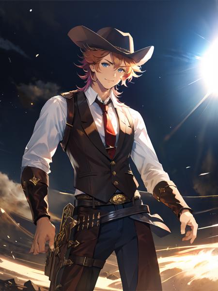 masterpiece,best quality,highres,cinematic lighting,dramatic angle,<lora:ShadowverseMaiser&SelenaV2:0.8>,maiser,1boy, messy hair,orange hair,gradient hair,multicolored hair,blue eyes,vest,jacket,necktie,white shirt,leather pants,sheath,smile,dust,hat,cowboy shot,cowboy western style town