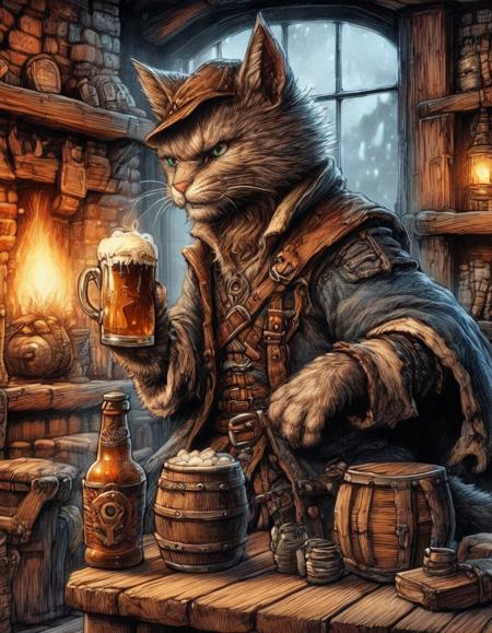 fantasy anthropomorphic cat warrior in dark tavern holding a pint of ale in a cozy environment with gas lamps rustic wood warm brick fireplace and frosted glass windows