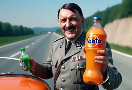 Smiling Adolf Hitler holding a fanta bottle,  on a german highway with a WV  beetle, <lora:Adolf-Diffusion2:0.7> adolfhitler  <lora:CokeGirls:1> advertisement, Fanta, High quality, realistic, UHD, 8K