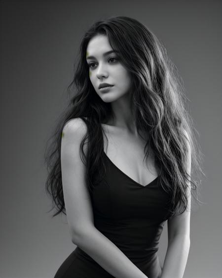 one young woman, solo, grayscale, monochrome, parted lips, long curly hair, elegant makeup, front view, upper body, simple background, extremely detailed, 8k, photorealistic, looking at viewer, film grain <lora:more_details:0.6> <lora:silhouette:1> <lora:picxer_real:0.6>