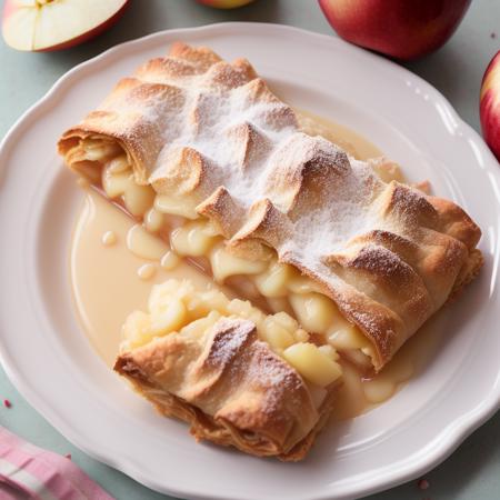 Perfect photo of <Apple Strudel> in (greg rutkowski) style, medium format, fuji superia 400, iso 800, perfectly rendered, pastel color palette, perfect composition, (beautiful hair), smooth, hard focus, intricate details, cinematic, highly detailed, 8 k, 1 6 k (FRUITFUSION:0.91) (BRTDRPP:1.34)( LIQUID SPLASH:0.4)