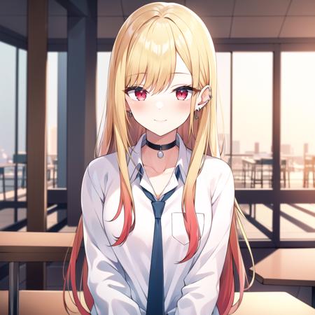 masterpiece, best quality,  <lyco:GoodHands-beta2:1.0>,  <lora:marinkitagawav1:0.6>, kitagawa marin, 1girl, blonde hair, long hair, multicolored hair, red eyes, jewelry, earrings, piercing, school uniform, white shirt, tied shirt, black choker, blue necktie, plaid skirt, indoors, inside, cafe, tables, coffee