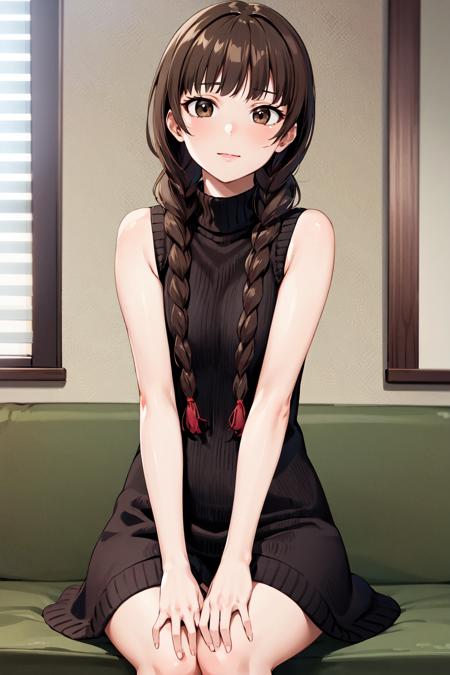 masterpiece, best quality, highres, aayoshino, long hair, twin braids, brown eyes, hair over shoulder, <lora:shimazu_yoshino_v1:0.7>, sweater dress, sleeveless, turtleneck, sitting,