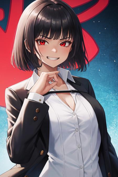 masterpiece, best quality, 1girl, solo, <lora:ryoshu-lc-richy-v1:1> ryoshu, white shirt, black jacket, jacket on shoulders, chest strap, formal, grin, looking at viewer, evil