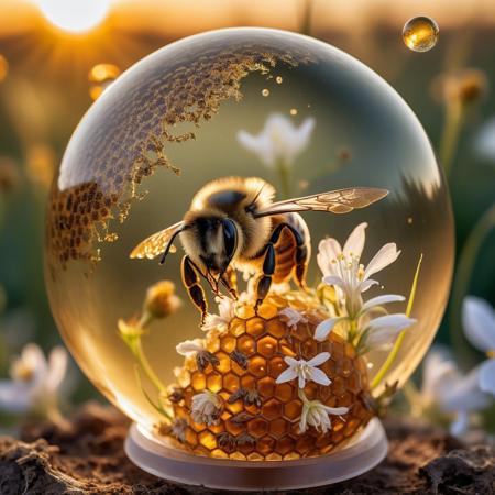 enhanced cinema photography, 35mm photography, film, professional, 4k, highly detailed,
A fragment of a bee hive enclosed in a crystal globe,
The hive fragment about the size of the globe with a warm golden brown hue. Its surface is polished, shining softly under the light, revealing a fascinating play of golden, honey and orange tones. Tiny air bubbles and organic inclusions are scattered throughout, giving it a feeling of antiquity and natural complexity.
Inside, bee
in flight, background fields of white columbines flowers with setting sun