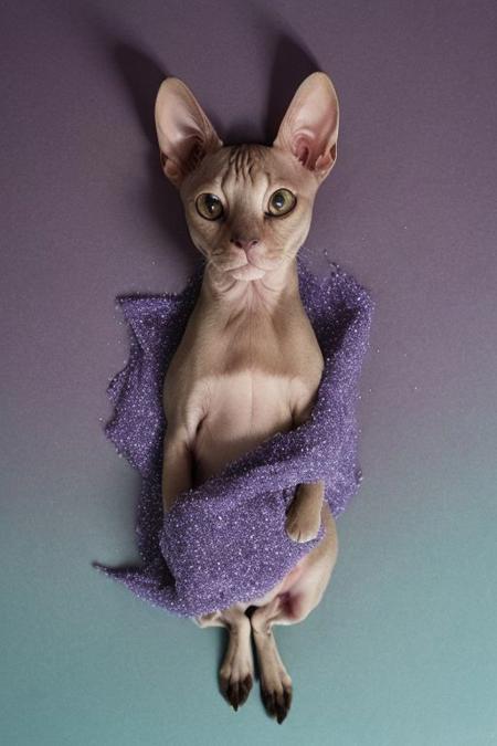 editorial photo or sphynx cat with a black rectangle shape collage hiding part of its body, pastel colors, iridescent, diamond dust