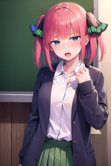 ninonakano, <lyco:ninonakano-lyco-nochekaiser:1>, 
nino nakano, short hair, bangs, blue eyes, hair ornament, hair ribbon, pink hair, blunt bangs, two side up, butterfly hair ornament, <lora:sensualface_type2:1>, open mouth, <lora:yudedako_v100:1>, embarassed,
BREAK skirt, shirt, long sleeves, white shirt, pleated skirt, open clothes, collared shirt, sleeves past wrists, dress shirt, cardigan, green skirt, open cardigan, black cardigan,
BREAK looking at viewer, 
BREAK indoors, classroom, school,
BREAK <lyco:GoodHands-beta2:1>, (masterpiece:1.2), best quality, high resolution, unity 8k wallpaper, (illustration:0.8), (beautiful detailed eyes:1.6), extremely detailed face, perfect lighting, extremely detailed CG, (perfect hands, perfect anatomy),