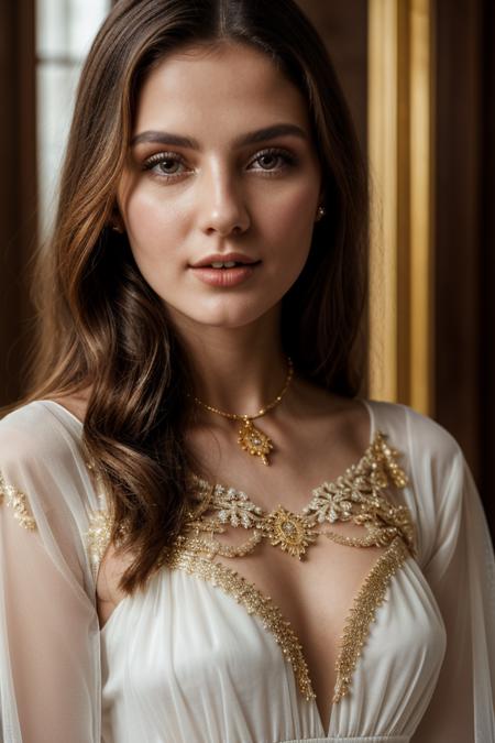 close-up photo of beautiful russian woman wearing white see-through gown with golden details, 25yo, half body, half naked, golden jewelry, intricate details, highly detailed face, dslr camera