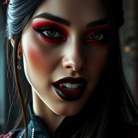 masterpiece, high detail, masterpiece, closeup portrait of stunning oriental vampire woman, long neon red, dark eyeshadow, black lips, mouth slightly open showing fangs, chiascuro, sexy, seductive, erotic, direct gaze, medival castel interior  background. highest definition, HD32K, wallpaper, hyperdetailed, concept art, extreme closeup, side profile