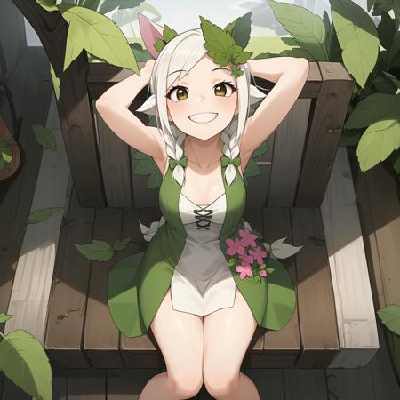 (masterpiece, best quality:1.1), (mxnt, 1girl:1.15), twin braids, solo, mint leaves, white hair, leaf dress, grin, teeth, looking up